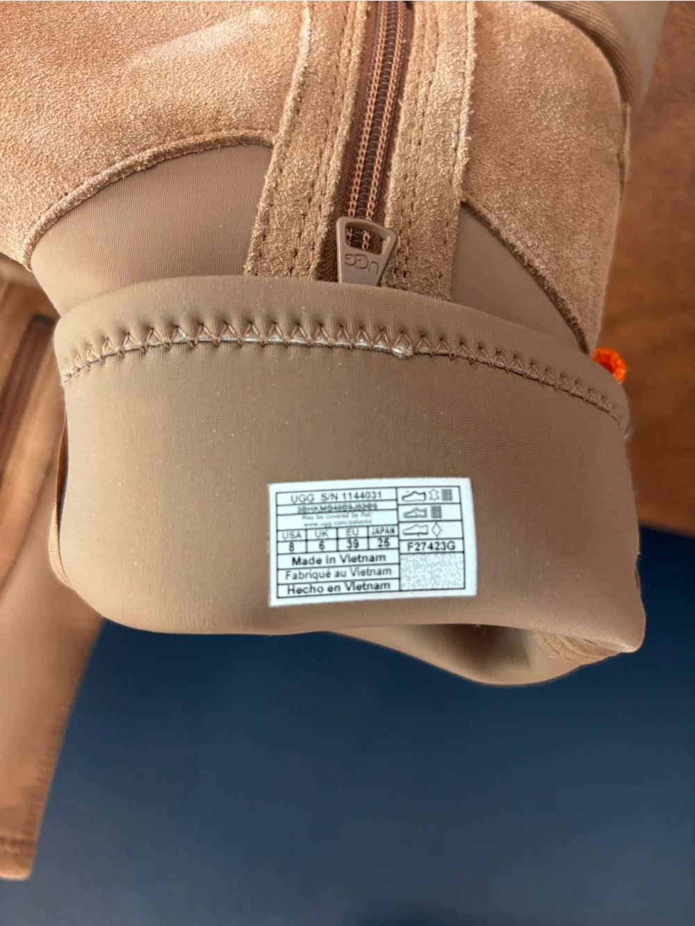 UGG Tan Suede Zip Ankle Boots with Orange Pull Tab